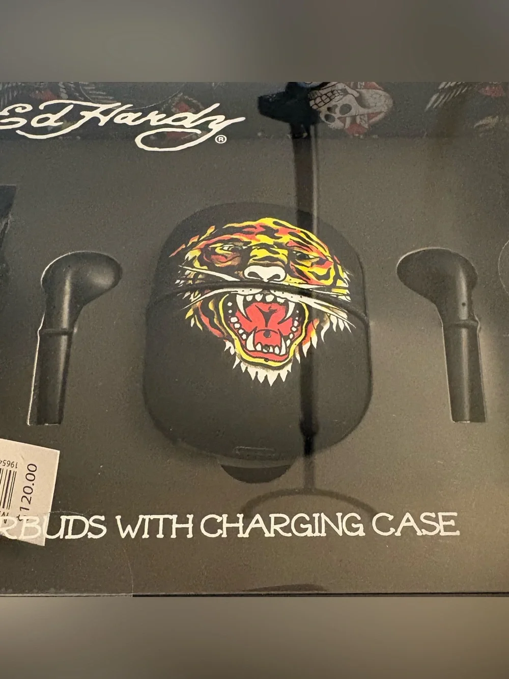 Ed Hardy Black Watch and Black Earbuds Set with Multicolor Tiger Art
